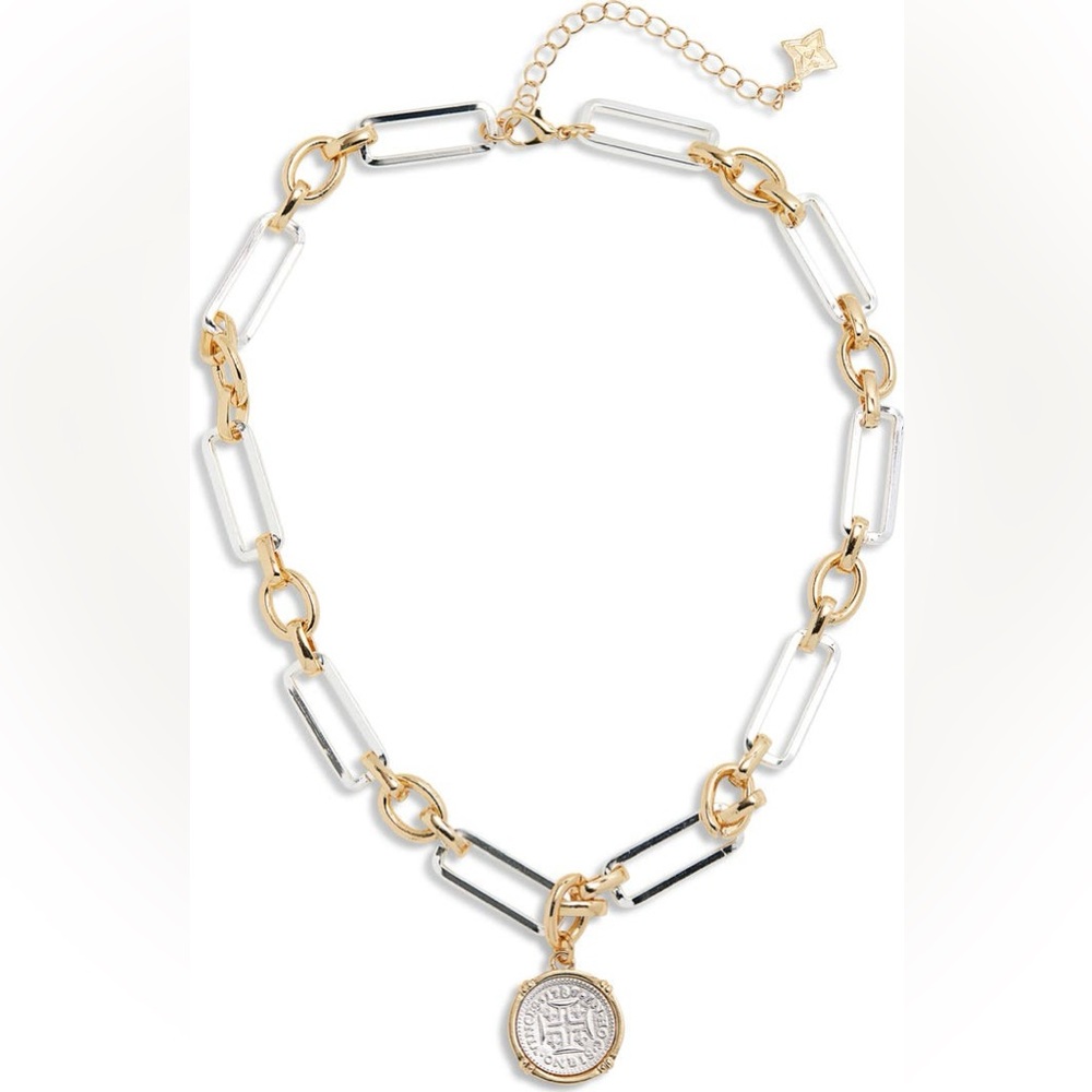 Two Tone Coin Pendant Gold Tone Silver Tone Chunky Links Necklace NWT